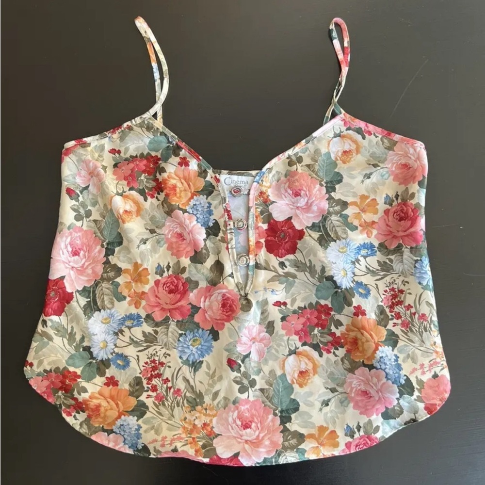 Vintage Cinema Etoile floral Cami with fabric buttons silky tank size small 90s